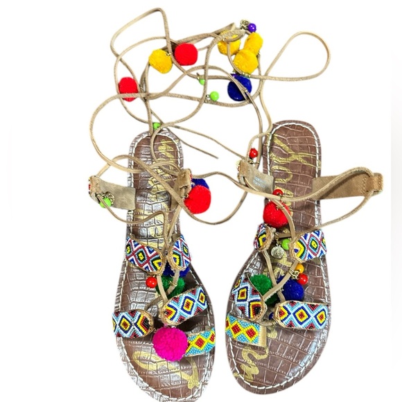 Sam Edelman Lisabeth Lace Up Beaded Pompom Colorful Summer Spring - Picture 2 of 6